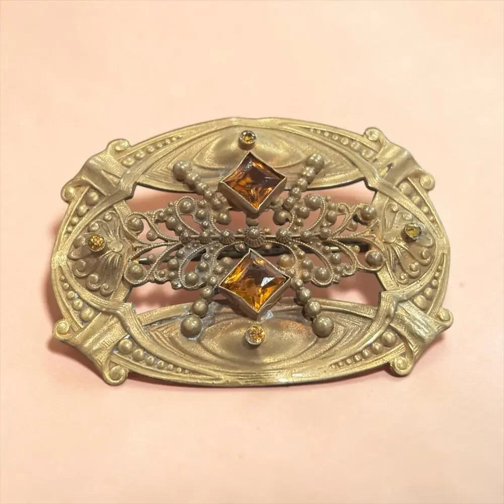 Antique Art Nouveau Sash Pin Amber Glass Ornate Brass Filigree Brooch 1900s